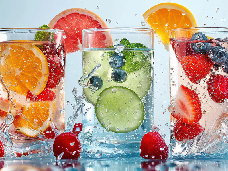 Visuel de plusieurs verres avec des fruits et légumes frais