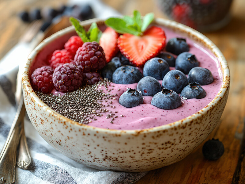 Bol de fromage frais et de fruits rouge, avec graines